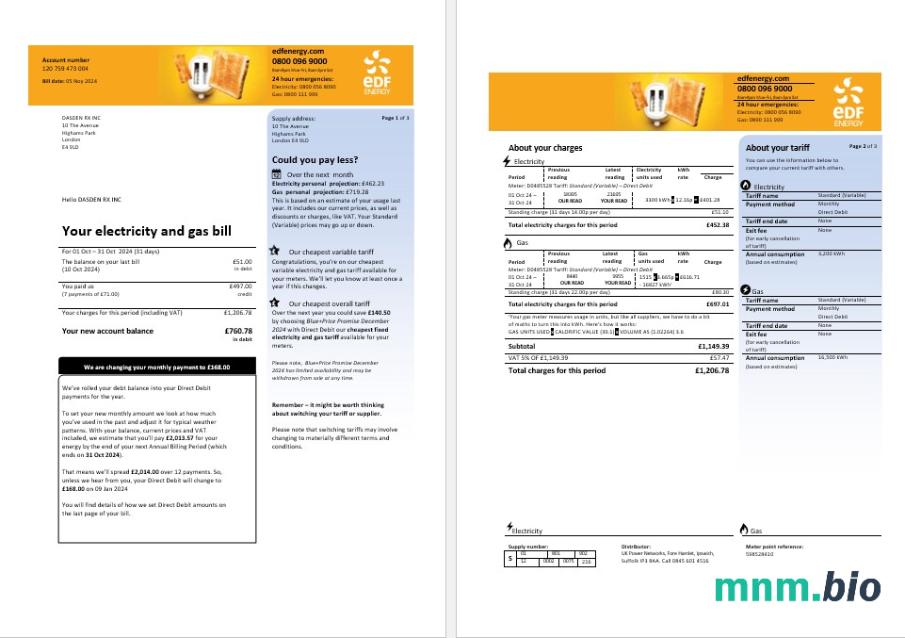 Wielka Brytania EDF rachunek za usługi komunalne szablon w formacie Word i PDF, 3 strony